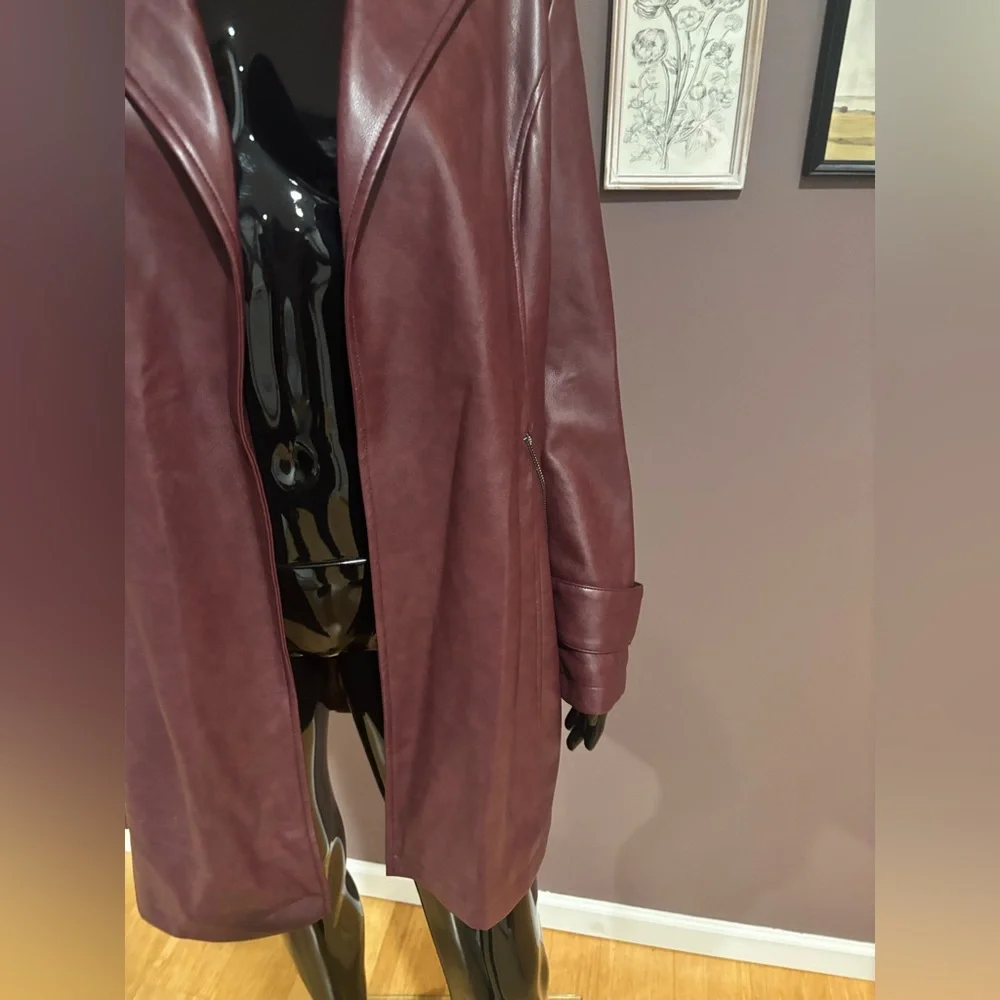 NWT-Bagatelle Open Front Faux Leather Trench Coat - Medium - Zinfandal - Picture 8 of 11